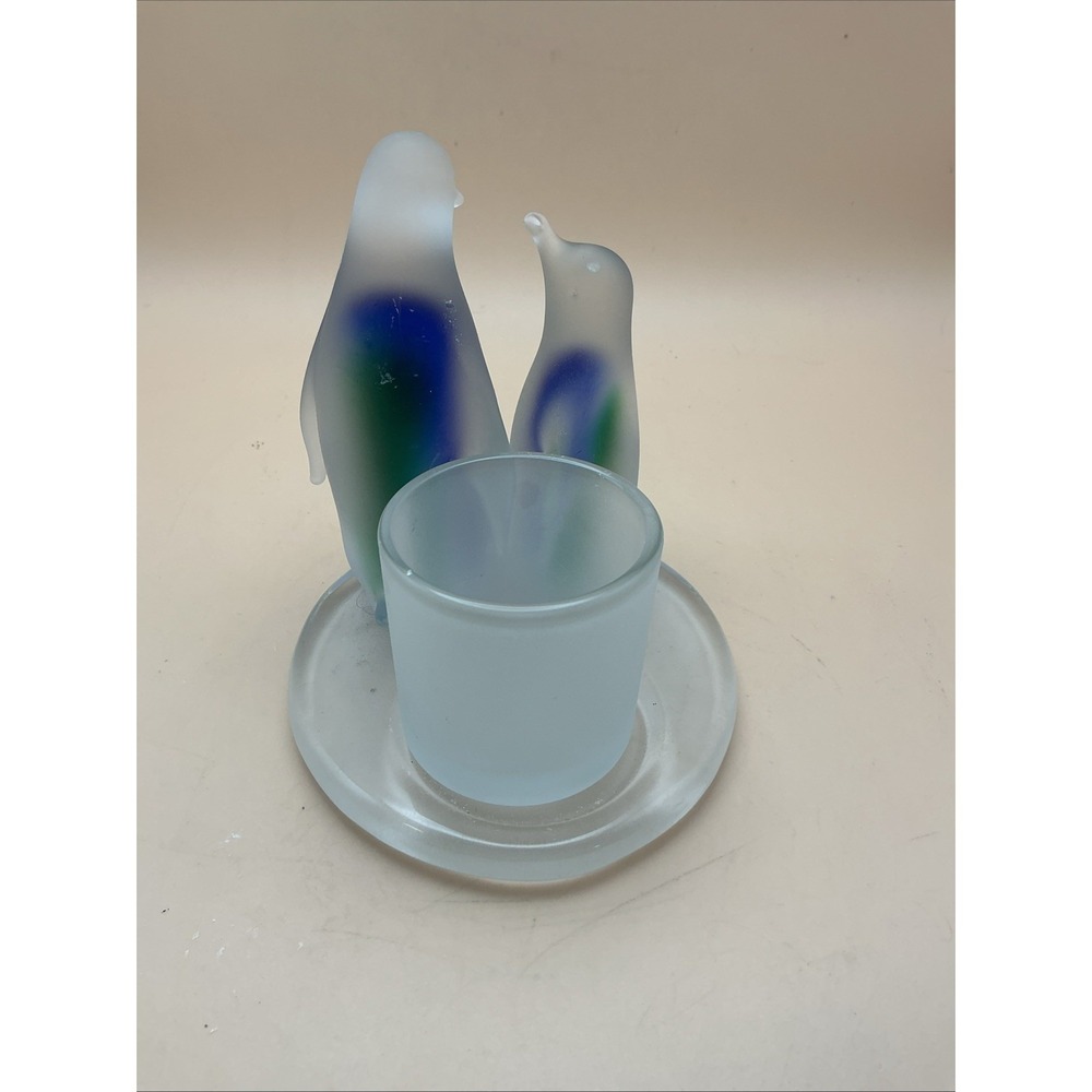 Vtg Partylite Penguins Candle Holder P7196 Frosted Satin Glass Votive Blue Green